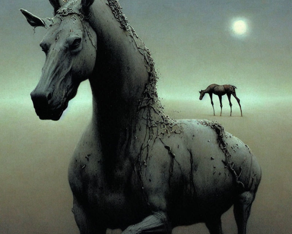 Surreal artwork: large dripping horse sculpture over smaller live horse on hazy moonlit background