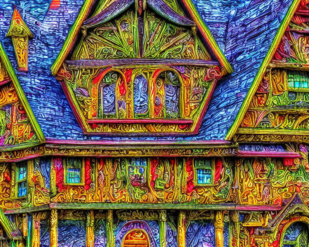 Colorful Gothic-style house with intricate patterns and surreal textures