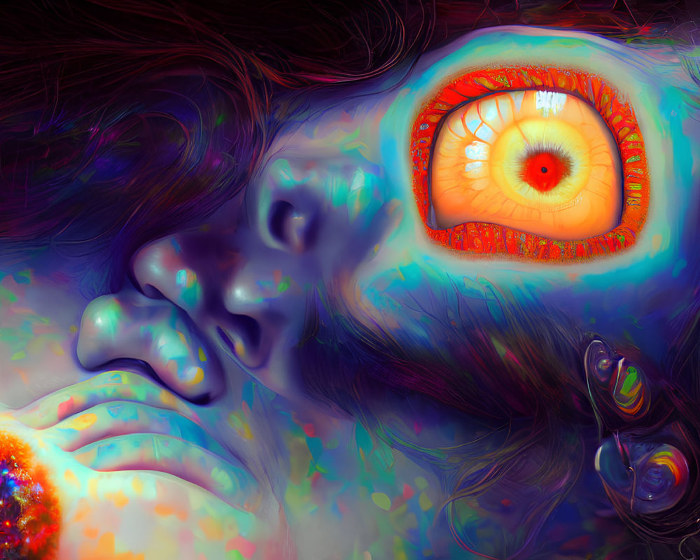 Colorful Digital Artwork: Close-Up Face with Glowing Orange Eye and Orb