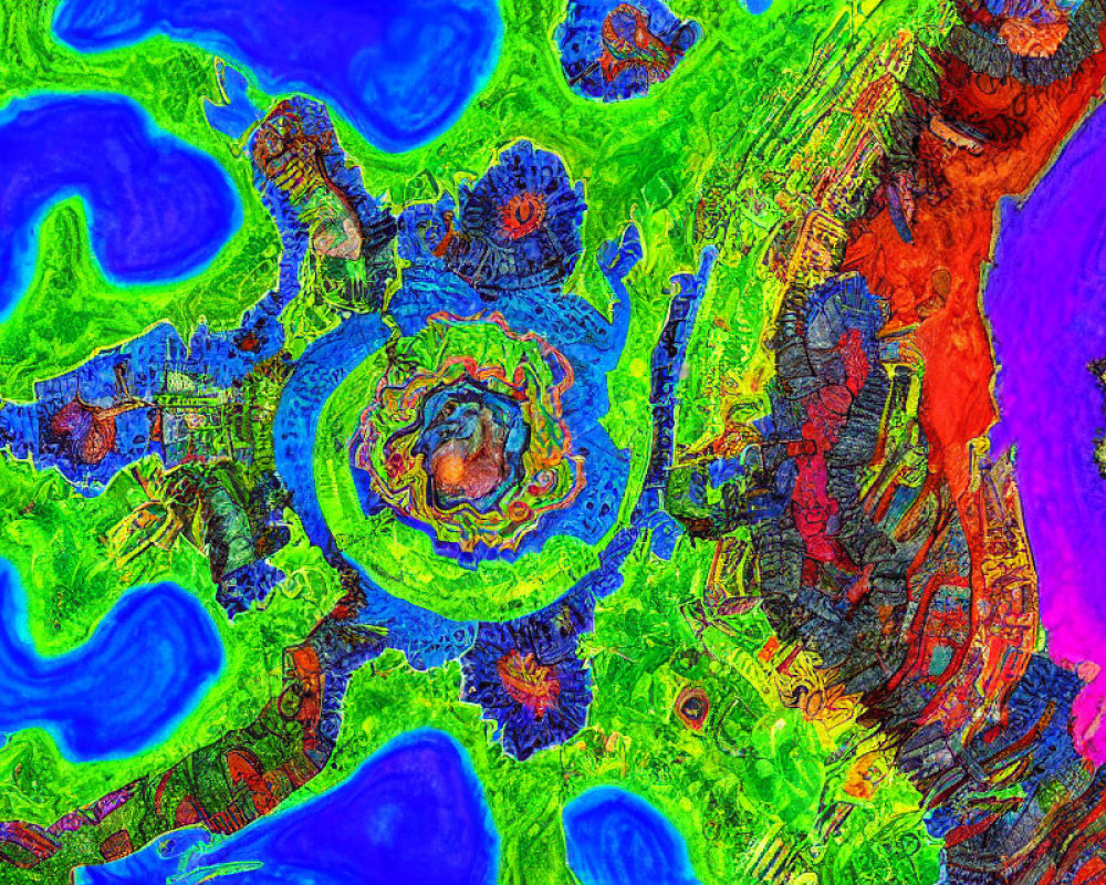 Colorful Abstract Psychedelic Art: Swirls and Patterns in Blues, Greens, and Reds
