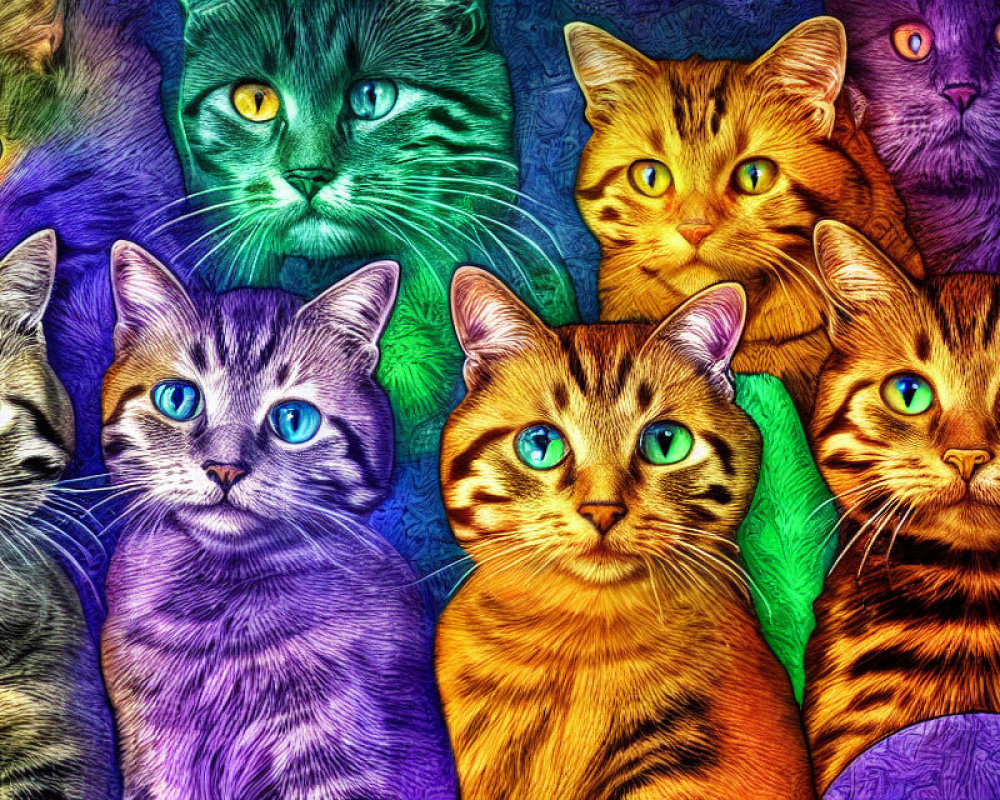 Colorful Cat Montage with Expressive Eyes in Striking Artistic Style