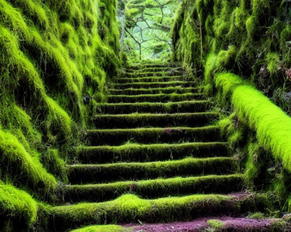 AncientII Moss-covered stone staircase in misty forest
