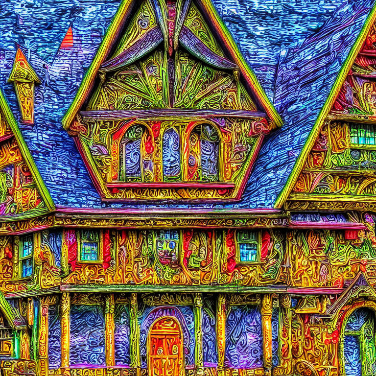 Colorful Gothic-style house with intricate patterns and surreal textures