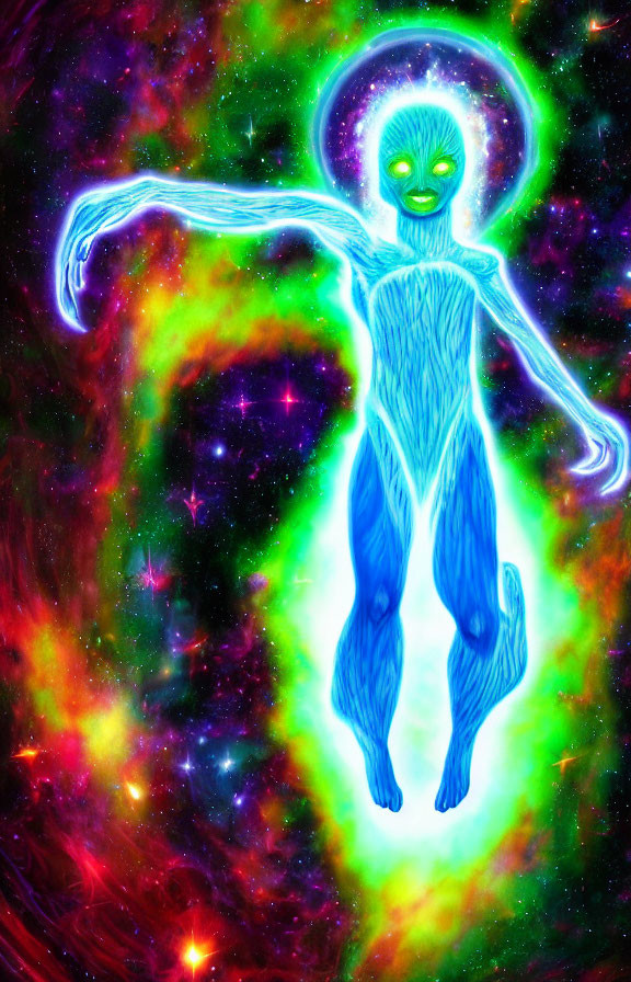Colorful cosmic entity with glowing green eyes on nebula background