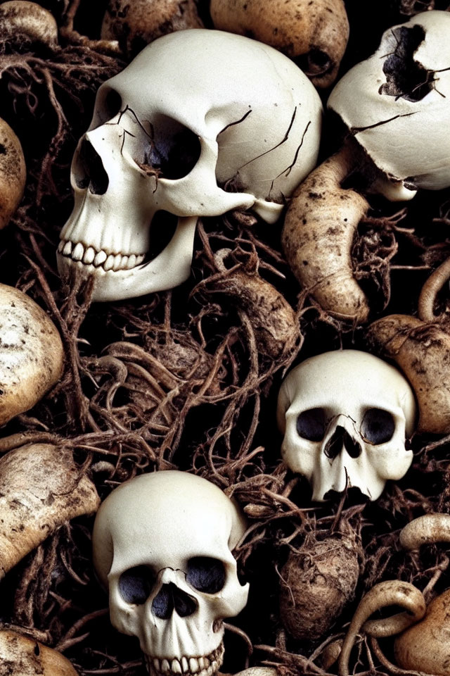 Dark background with pile of intertwined human skulls and bones, featuring cracked skull center.
