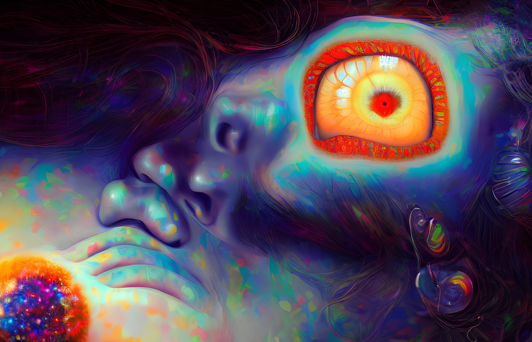 Colorful Digital Artwork: Close-Up Face with Glowing Orange Eye and Orb