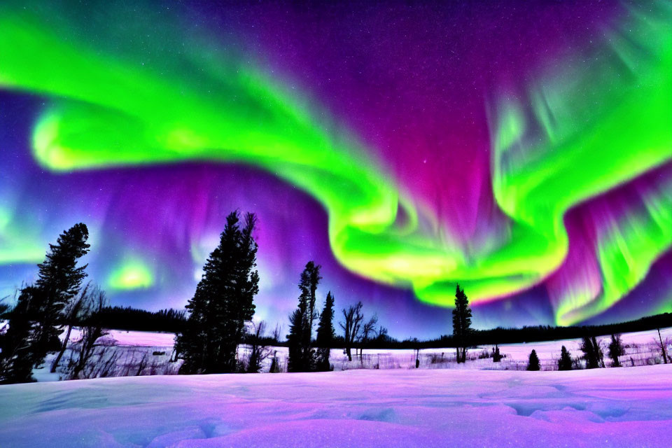 Colorful Aurora Borealis Lights Snowy Night Sky