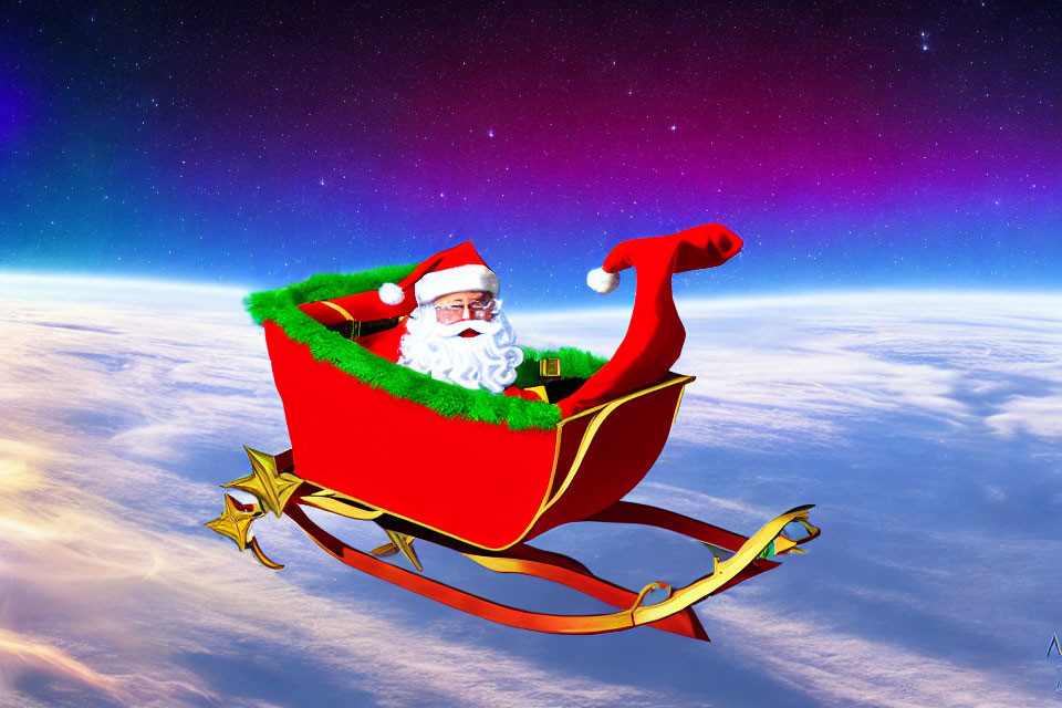 Santa Claus in red and gold sleigh over starry sky