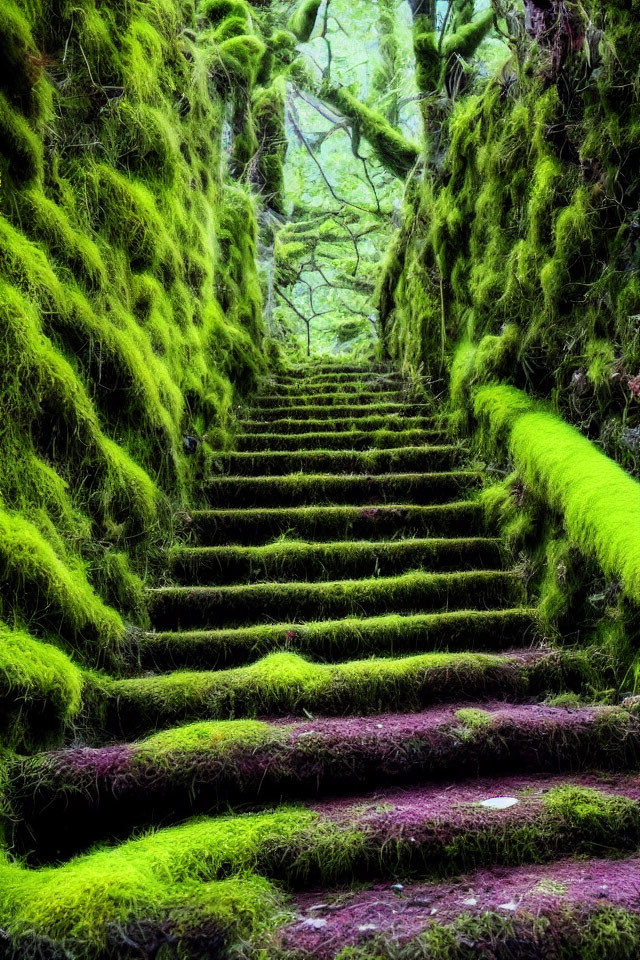 AncientII Moss-covered stone staircase in misty forest