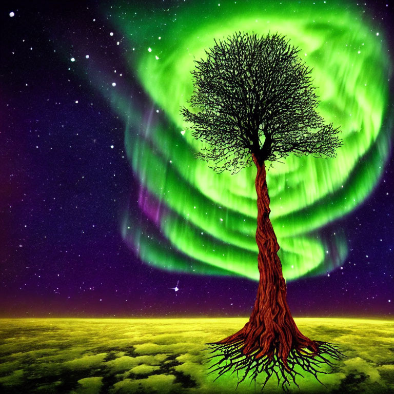 Solitary tree with vast root system under vibrant aurora-filled sky