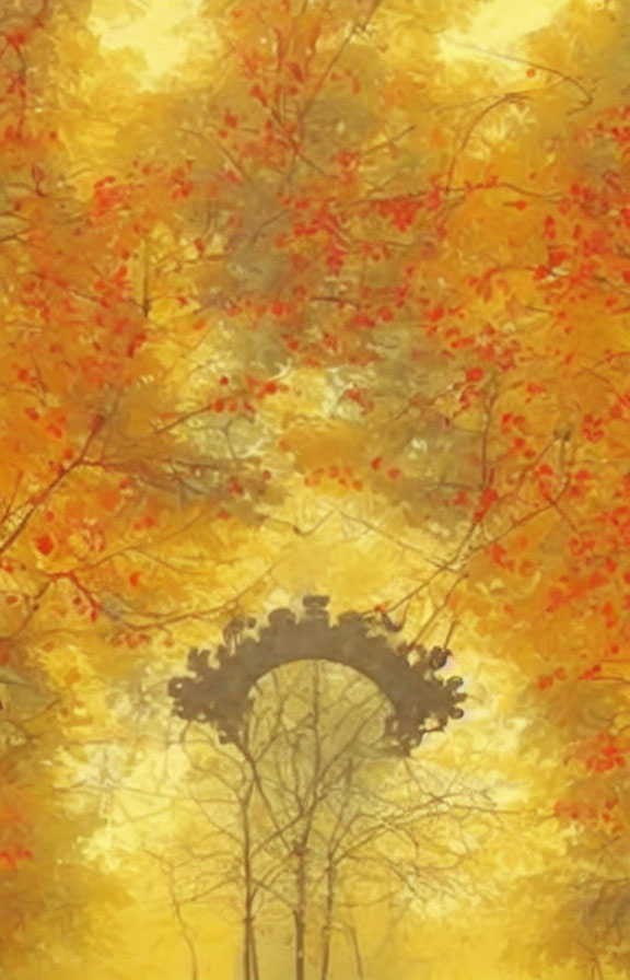Dreamlike Landscape: Silhouette of Tree-Lined Bridge Under Autumn Canopy