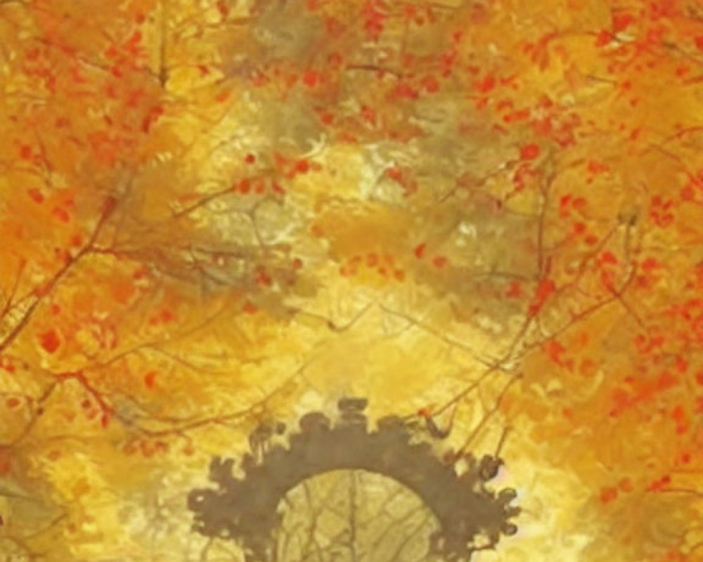 Dreamlike Landscape: Silhouette of Tree-Lined Bridge Under Autumn Canopy