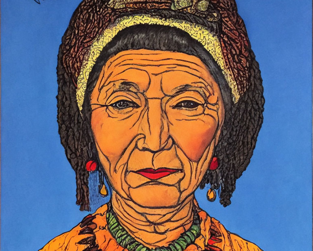 Detailed Portrait of Elderly Woman with Headscarf on Blue Background