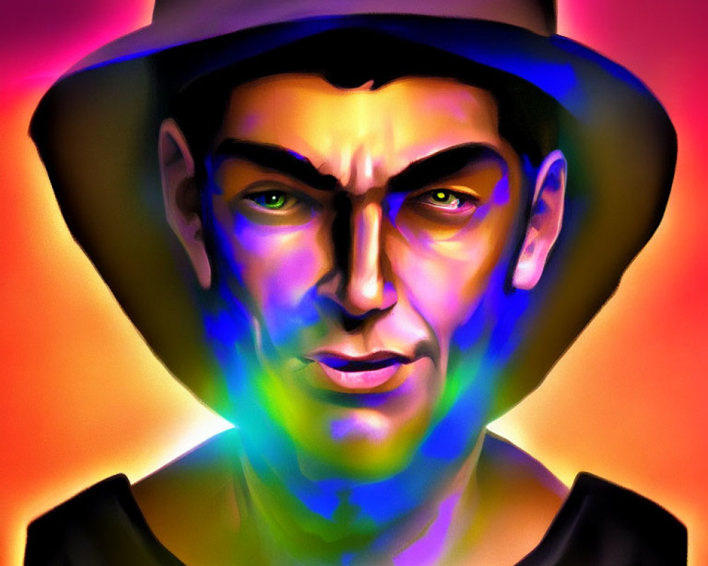 Colorful Neon-Lit Digital Portrait of Man with Hat