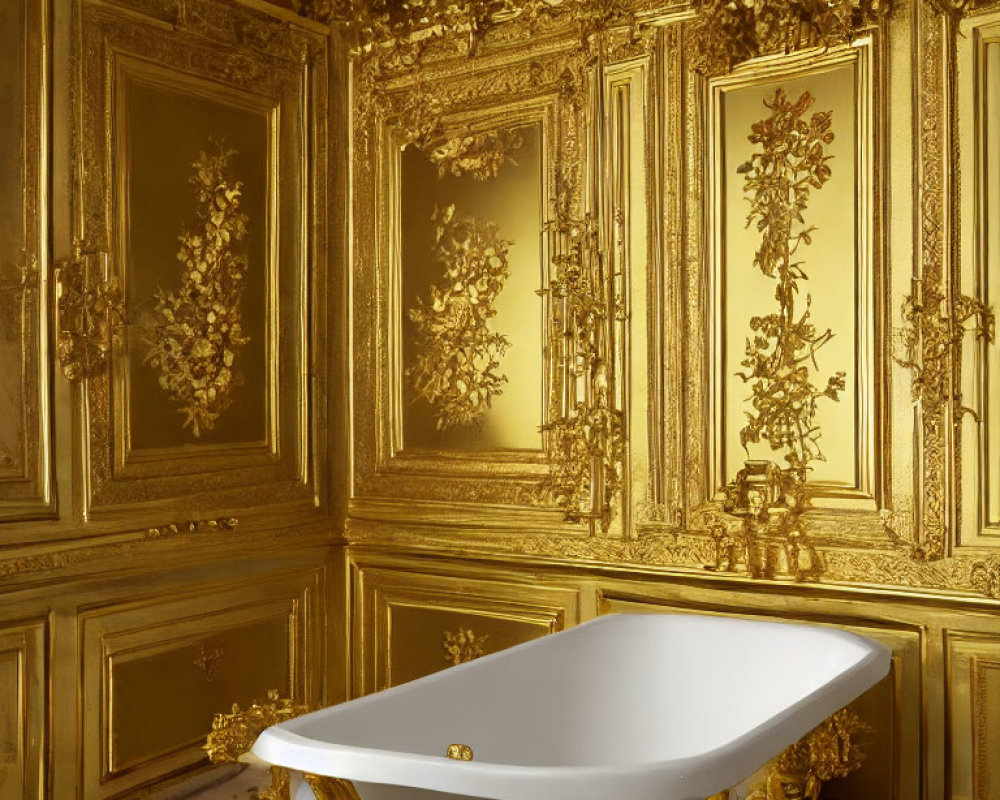 Luxurious Bathroom with Golden Walls and White Bathtub