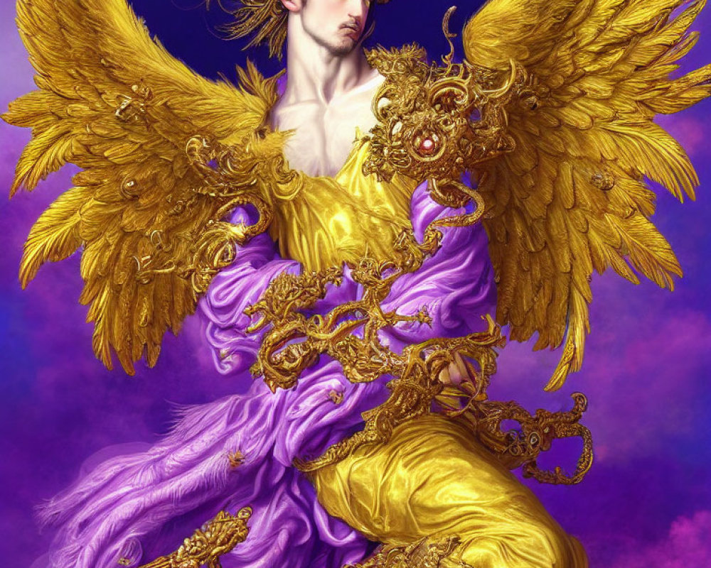 Majestic figure with golden wings and armor in purple robes on violet background