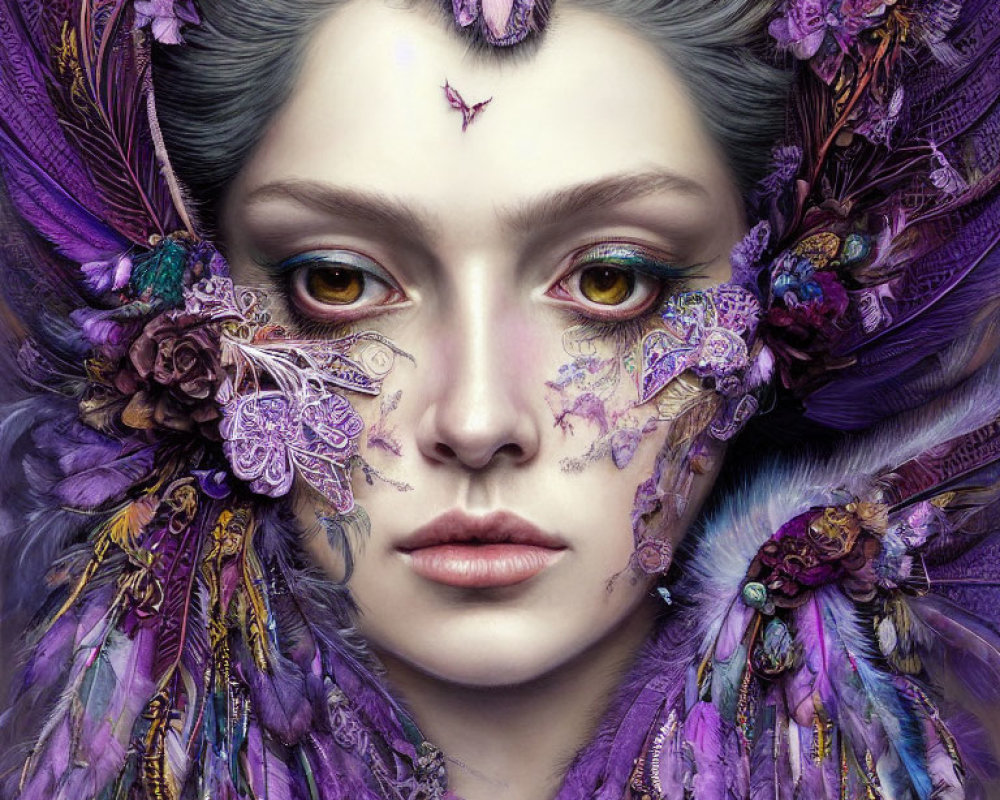 Intricate purple feather and floral adorned woman portrait