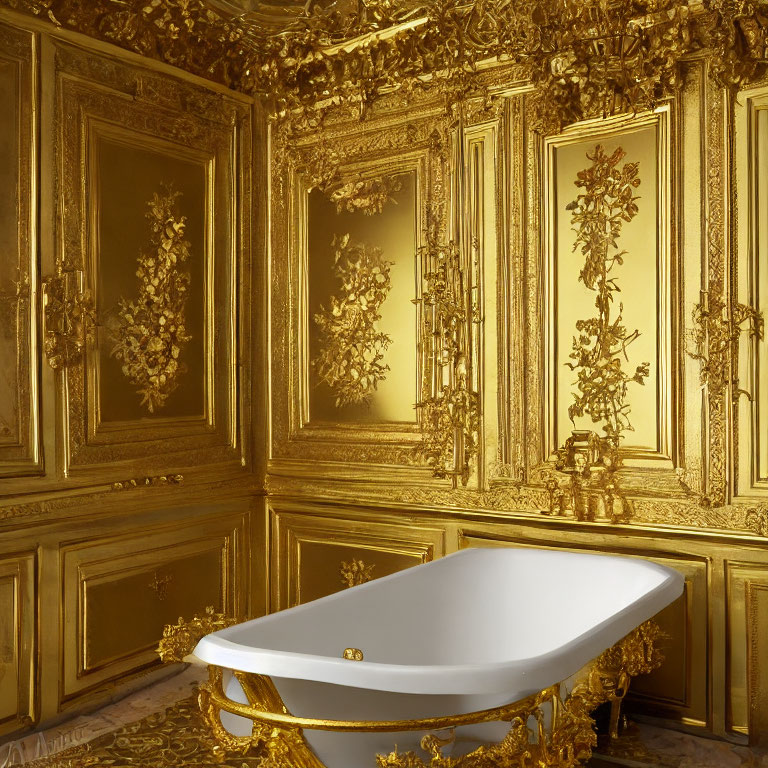 Luxurious Bathroom with Golden Walls and White Bathtub