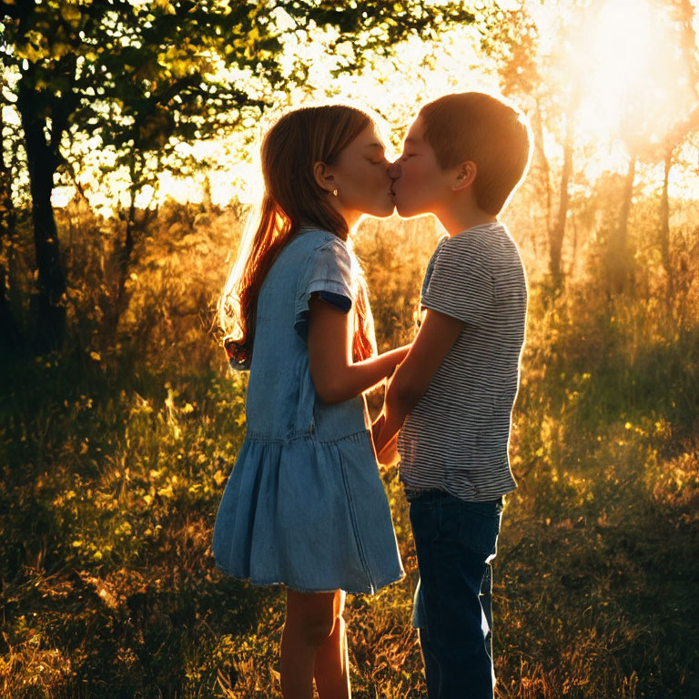 Children kissing in sunlit forest clearing with golden light.