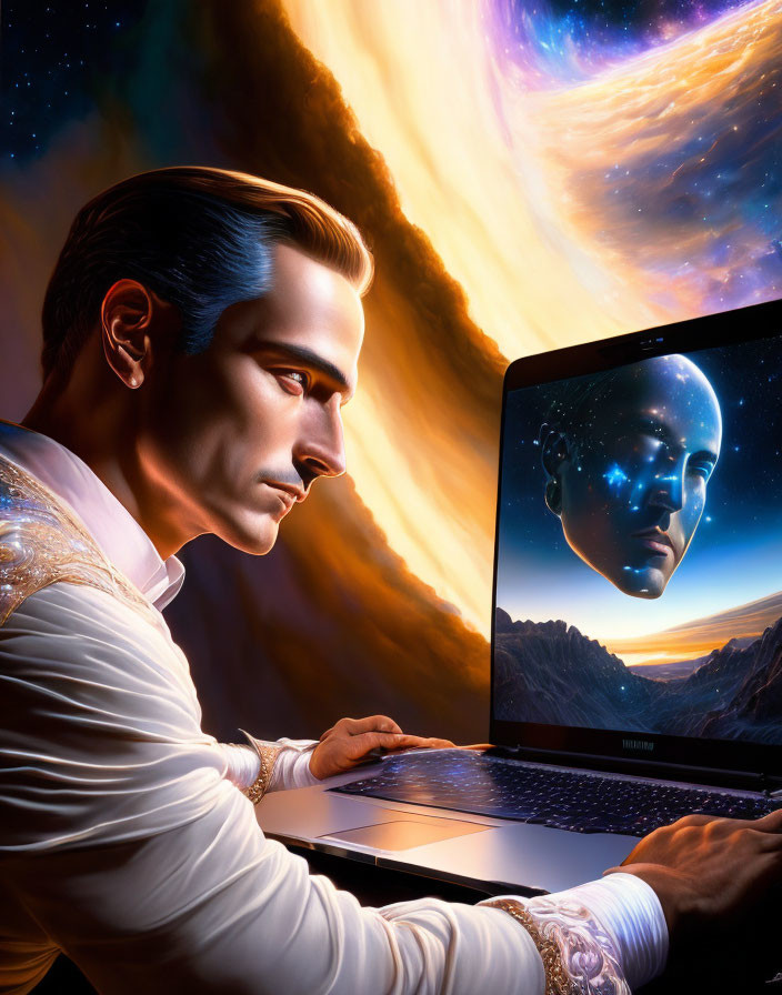 Man in white shirt interacts with cosmic hologram on laptop