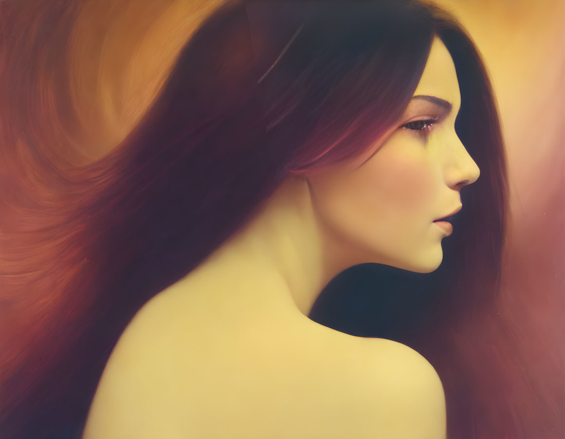 Digital painting of woman with flowing hair and warm color palette