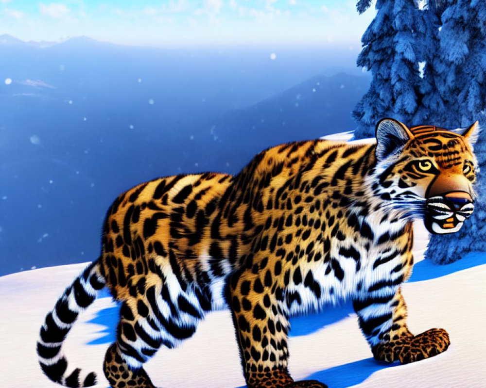 3D rendering of tiger in snowy landscape with pine trees
