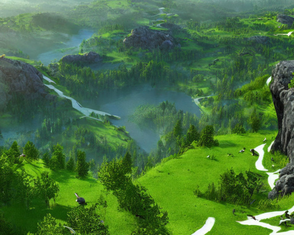 Scenic landscape with lush green hills, rivers, lakes, and grazing animals