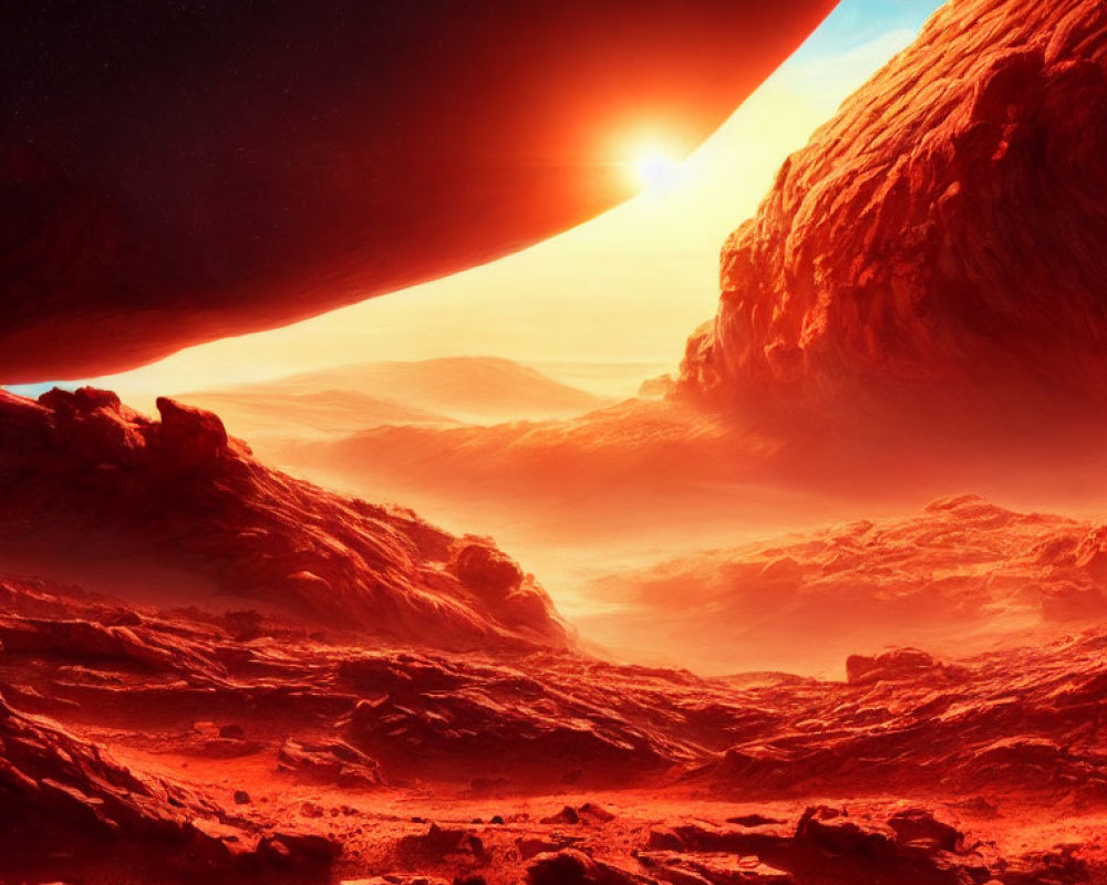 Otherworldly landscape with fiery sky, rocky terrain, and planet silhouette.