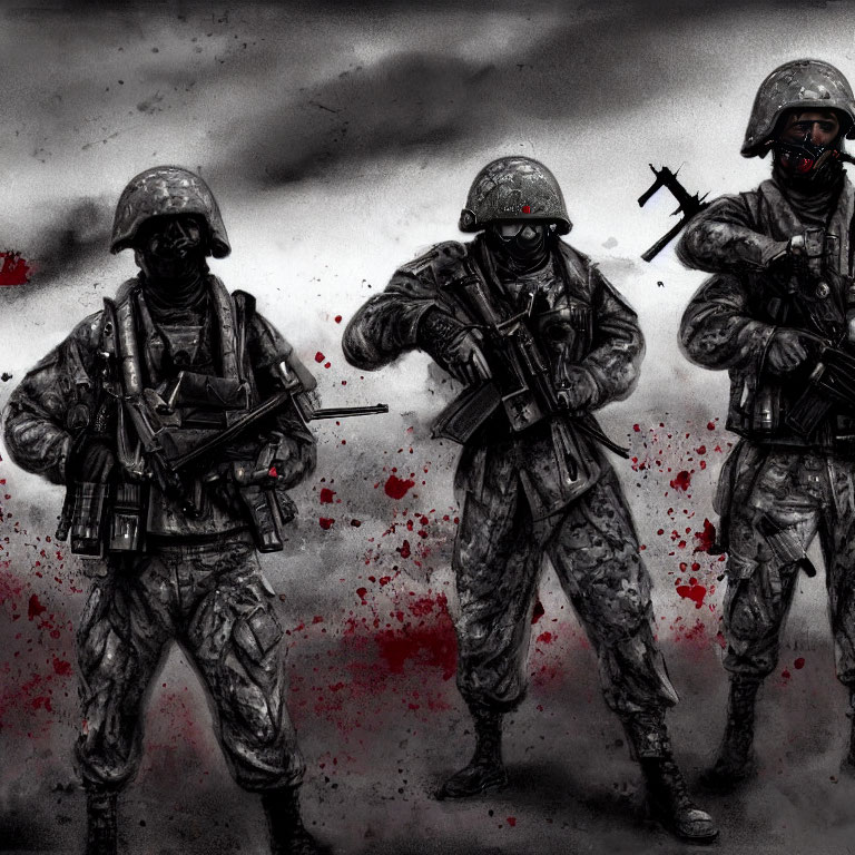 Three soldiers in combat gear with weapons in a stormy, blood-splattered scene