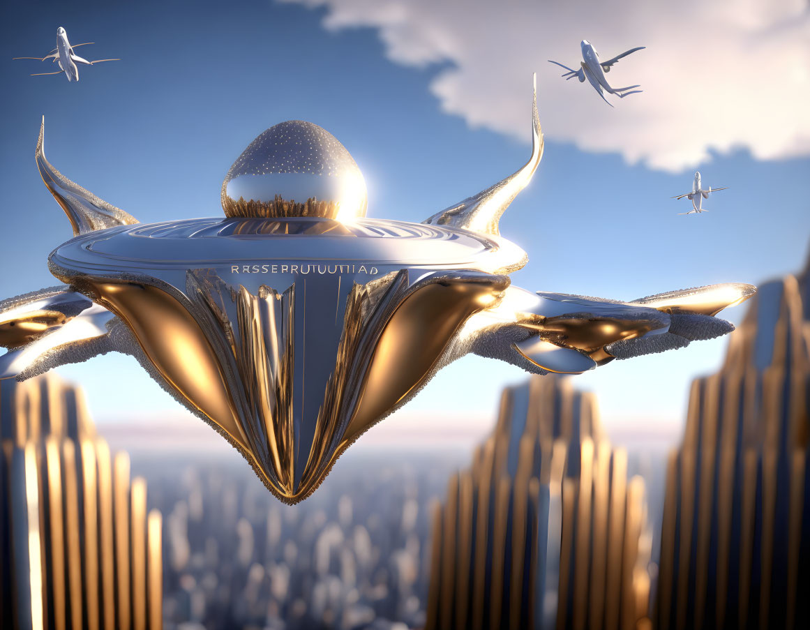 Golden Spaceship Hovers Over Urban Cityscape with Flying Drones