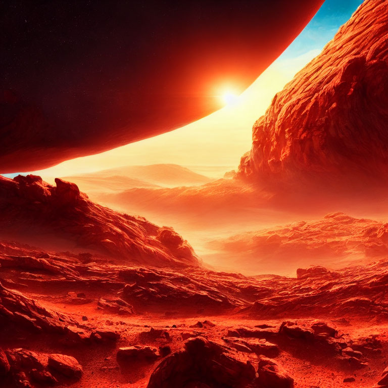 Otherworldly landscape with fiery sky, rocky terrain, and planet silhouette.
