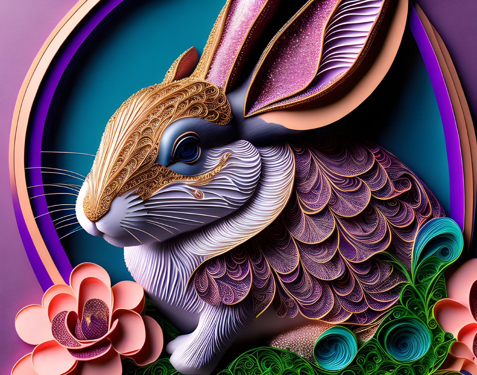 Detailed digital artwork: Textured rabbit with paisley patterns, circular layers, and flowers on purple background