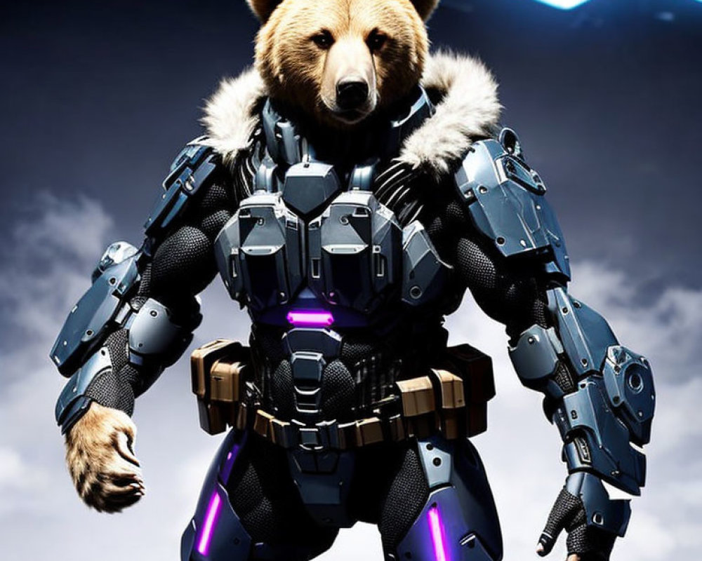 Bear in robotic armor with human posture in futuristic setting