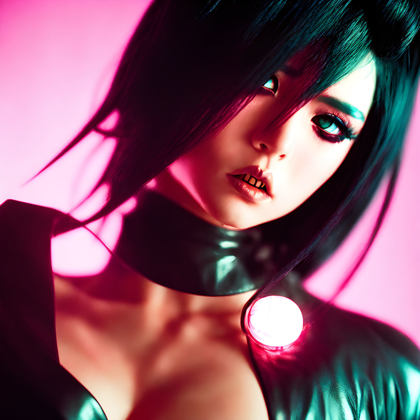 Portrait of female character with blue eyes, dark hair, and futuristic choker under pink and red lighting
