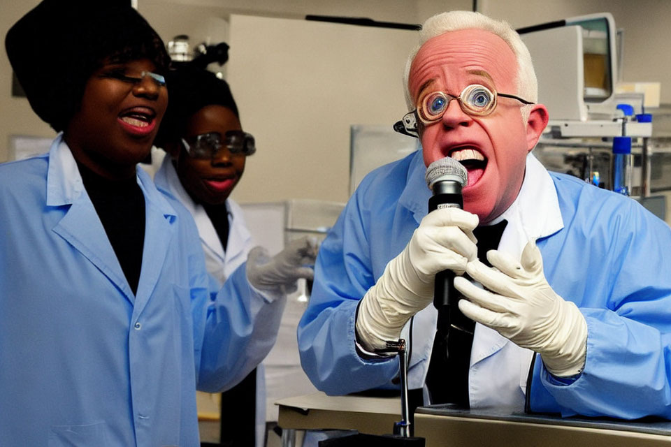 Exaggerated facial expressions in lab setting with microphone and laughter