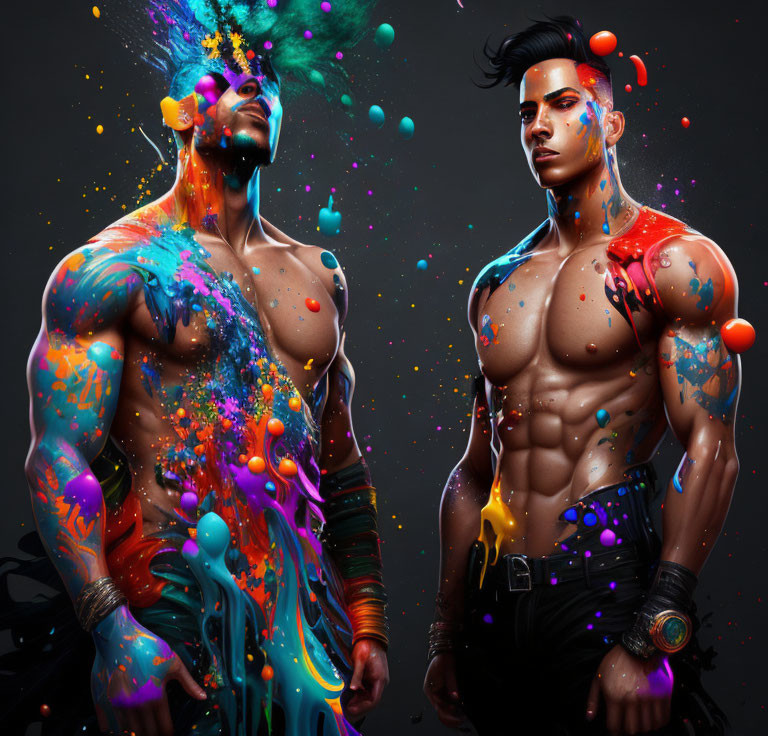 Vibrantly painted shirtless men pose against dark backdrop