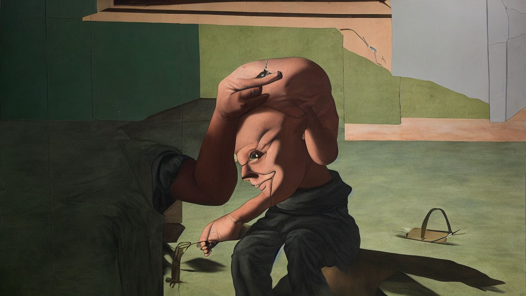 Surrealist painting features figure with distorted head in outdoor setting