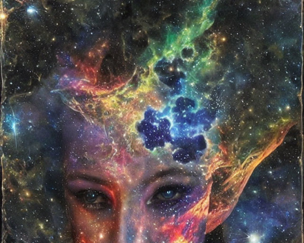 Cosmic-themed portrait blending woman's face with vibrant nebulae and stars