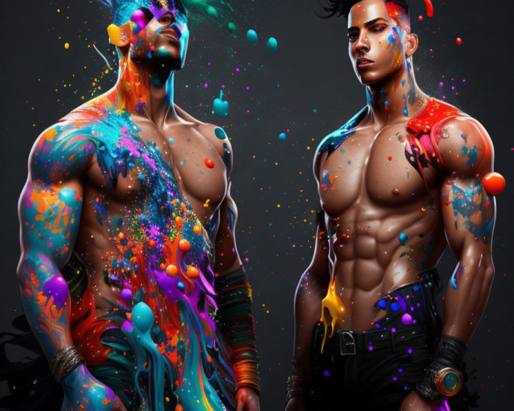 Vibrantly painted shirtless men pose against dark backdrop