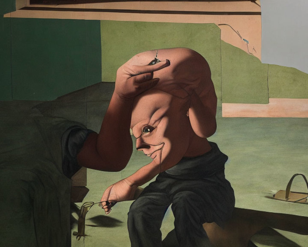 Surrealist painting features figure with distorted head in outdoor setting