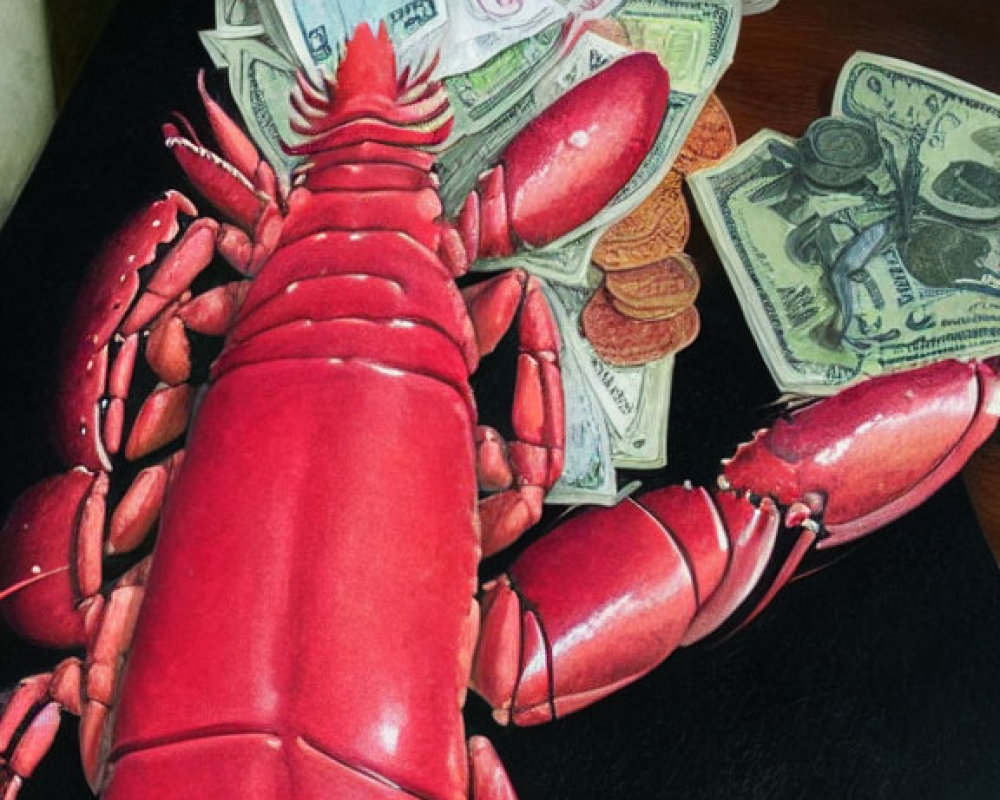Red lobster on dollar bills with coins, bowl, and glass on dark table