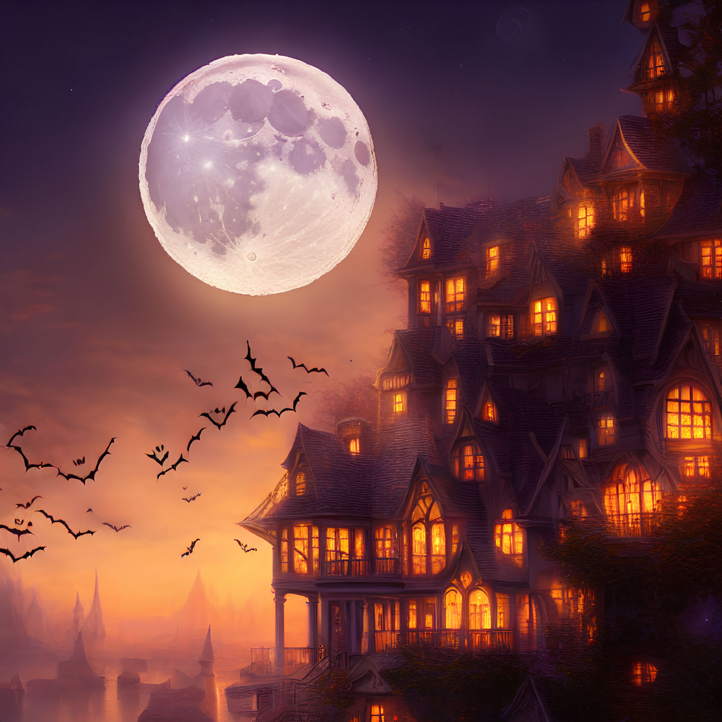 Gothic mansion under full moon with flying bats