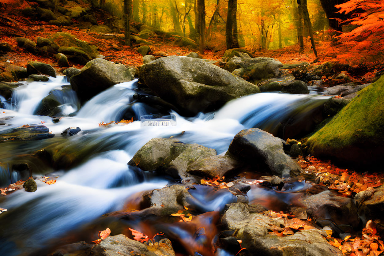 Tranquil Autumn River with Cascading Water and Vibrant Foliage