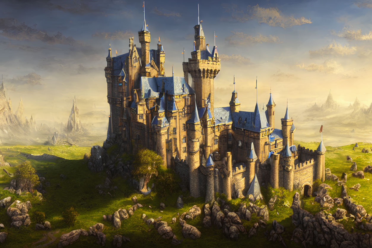 Castle with Blue Rooftops in Rolling Hills at Golden Hour