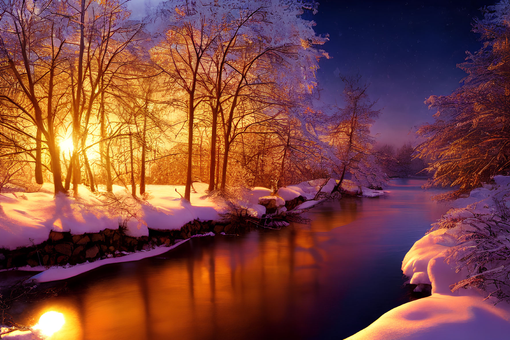 Snow-covered trees and gentle stream in serene winter scene
