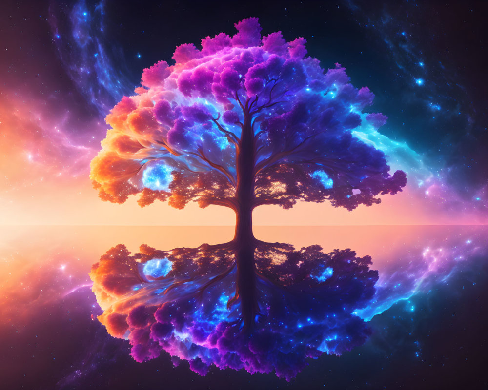 Symmetrical tree with purple foliage in cosmic background
