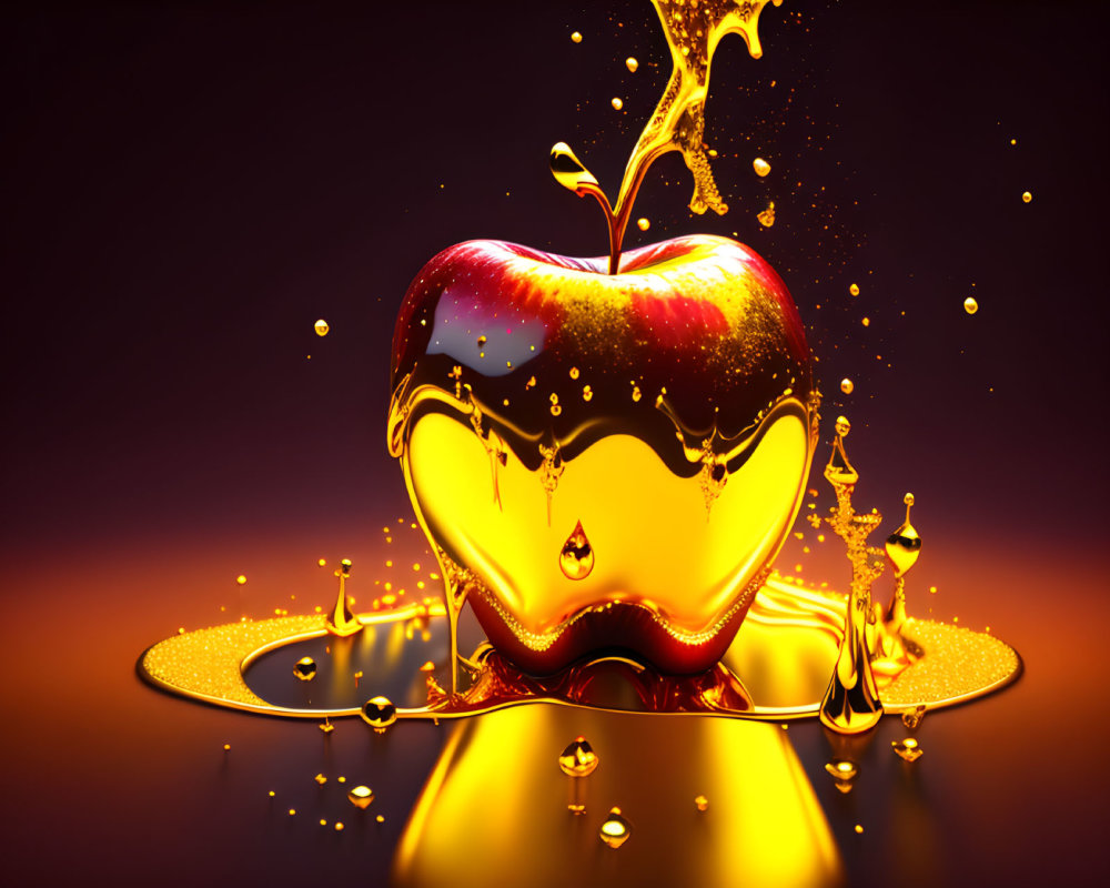Red apple with golden liquid on dark background: A striking image.