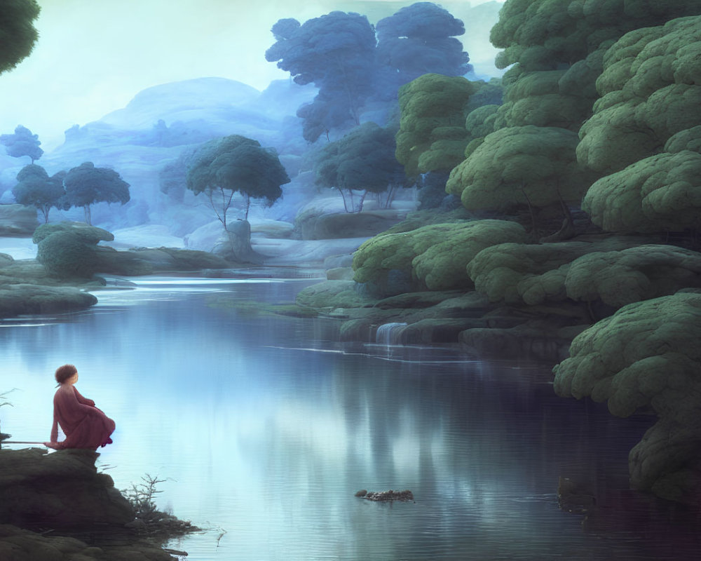 Person in red robe by tranquil lake in mystical landscape