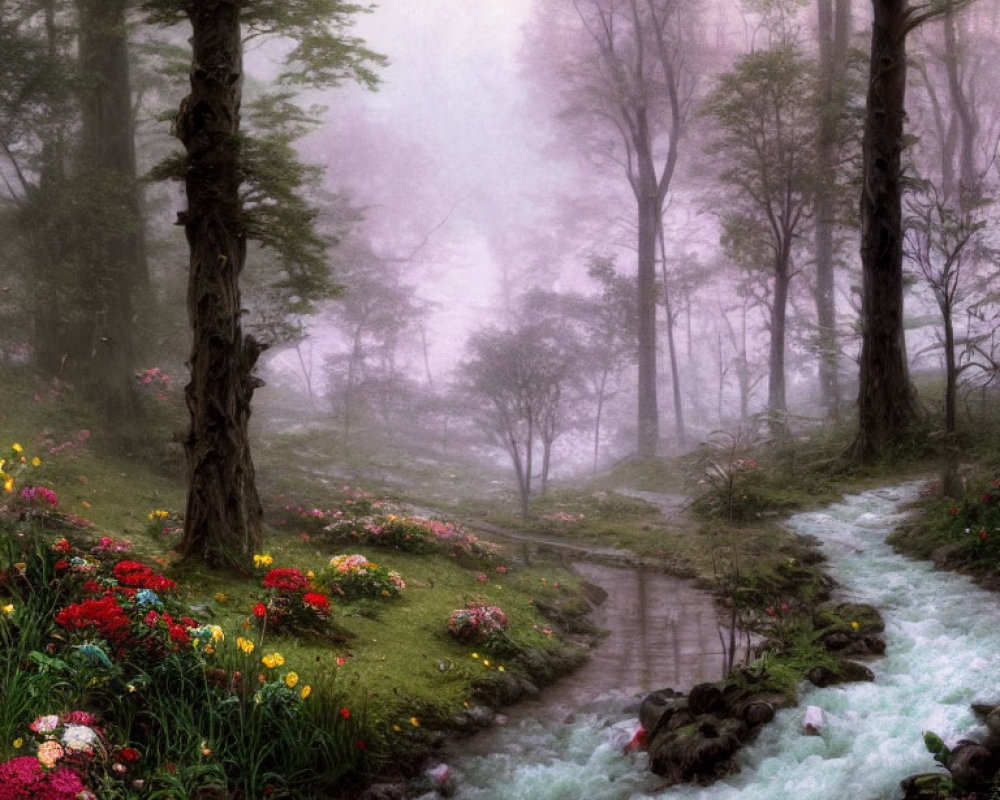 Tranquil forest landscape with stream and mist among tall trees
