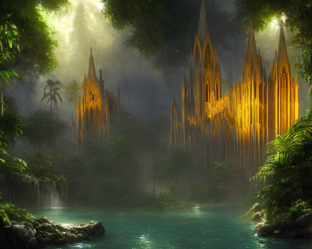 Gothic Cathedral in Rainforest with Waterfalls and River